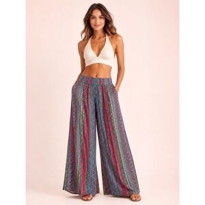 Vintage Wide Leg Boho Paisley Viscose Mira Palazzo Pants Red Multi Free Size